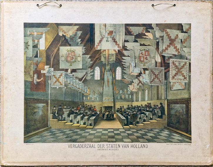 Vergaderzaal der Staten van Holland (Binnenhof) / J.J. Meske, Antiek en Kunst, Antiek | Schoolplaten, Geschiedenis, Ophalen