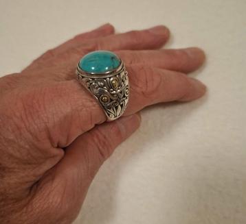 Balinese Taru Tree ring, 925 zilver, turkoois met vergulding beschikbaar voor biedingen