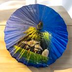 Mooie oude bamboe parasol, stof en houten handvat ., Ophalen of Verzenden