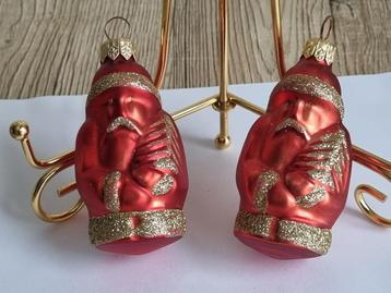 2 Mooie Vintage Kerstman Kerstballen Glas Rood Goud Glitter beschikbaar voor biedingen