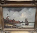 Hollands landschap met zeilboot en molen, Antiek en Kunst, Ophalen of Verzenden