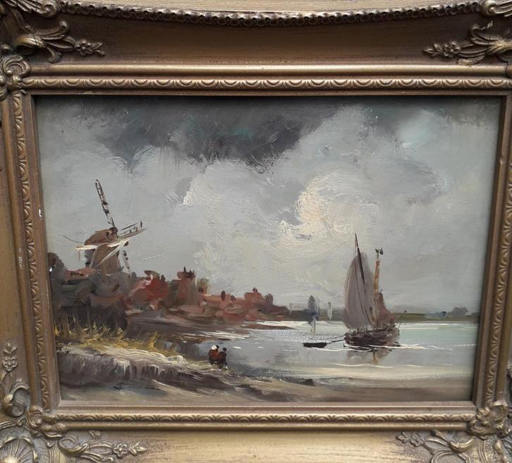 Hollands landschap met zeilboot en molen, Antiek en Kunst, Kunst | Schilderijen | Klassiek, Ophalen of Verzenden