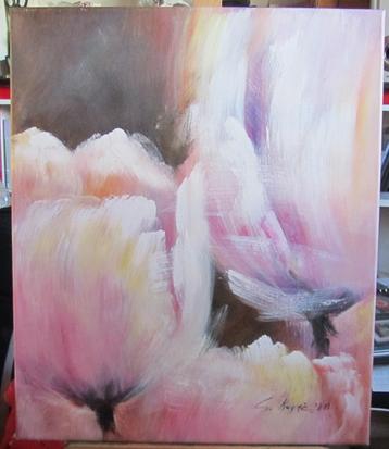 Abstract Schilderij Roze Tulpen , Acrylverf op doek beschikbaar voor biedingen