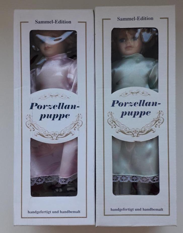 2 porseleinen handbeschilderde poppen nog nieuw in de doos, Verzamelen, Poppen, Nieuw, Pop, Ophalen of Verzenden