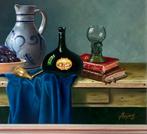 Stilleven boeken fles wijnglas en kan op paneel Jan Heyink.