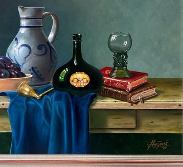 Stilleven boeken fles wijnglas en kan op paneel Jan Heyink. beschikbaar voor biedingen