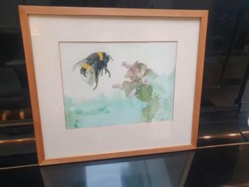 prachtige aquarel Nico Benschop Hommel en paarse dovenetel beschikbaar voor biedingen