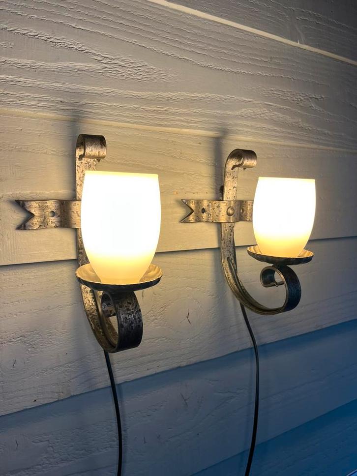2 vintage brutalist wandlampen, Huis en Inrichting, Lampen | Wandlampen, Gebruikt, Glas, Metaal, Ophalen of Verzenden