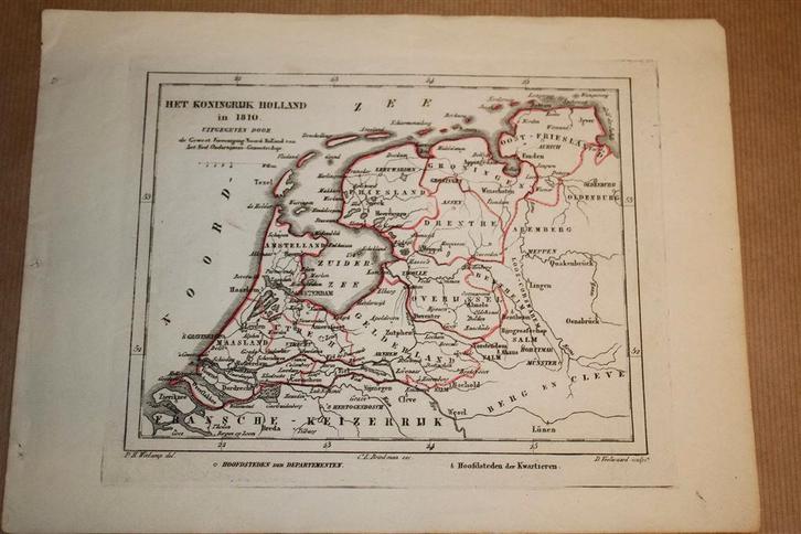 Antieke kaart - Koningrijk Holland in 1810 - Witkamp - 1878, Boeken, Atlassen en Landkaarten, Gelezen, Landkaart, Nederland, 1800 tot 2000