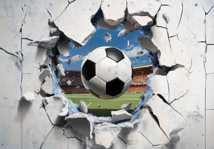 3D Voetbal door muur fotobehang - B, Voetbalbehang, op maat!, Kinderen en Baby's, Kinderkamer | Inrichting en Decoratie, Nieuw