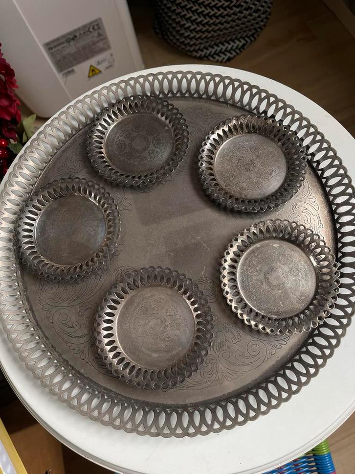 Vintage verzilverd Dienblad met Onderzetters, Antiek en Kunst, Antiek | Goud en Zilver, Ophalen of Verzenden
