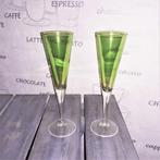 Groene champagne glazen met heldere voet set van 2, Ophalen, Glas of Glazen, Overige stijlen, Glas