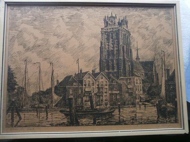 J,BURGER, Mooie ets van de Bomkade in Dordrecht, Antiek en Kunst, Kunst | Etsen en Gravures, Ophalen