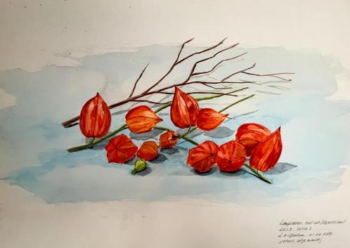 Louis van Gorkom - Lampionnen met tak  35x46cm, Antiek en Kunst, Kunst | Schilderijen | Klassiek, Ophalen of Verzenden