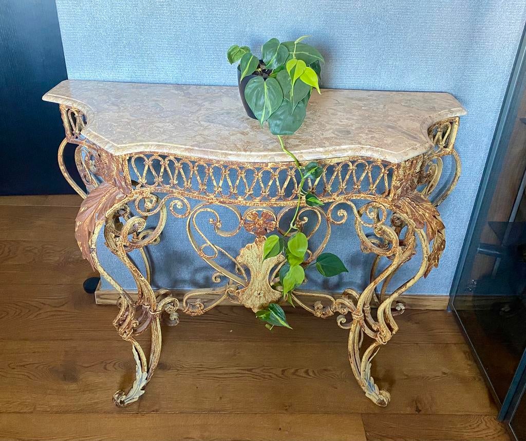 Marmeren console tafel met smeedijzer onderstel, Ophalen, 100 tot 150 cm, Klassiek, Overige materialen