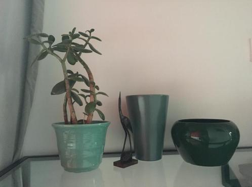 Vintage groen geglazuurde jaren ‘50 bloempotten diverse, Tuin en Terras, Bloempotten, Zo goed als nieuw, Terracotta, Binnen, Minder dan 40 cm