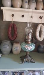 Antieke Franse olielamp, groen glas, roze bloemen, OPKNAPPER, Ophalen of Verzenden