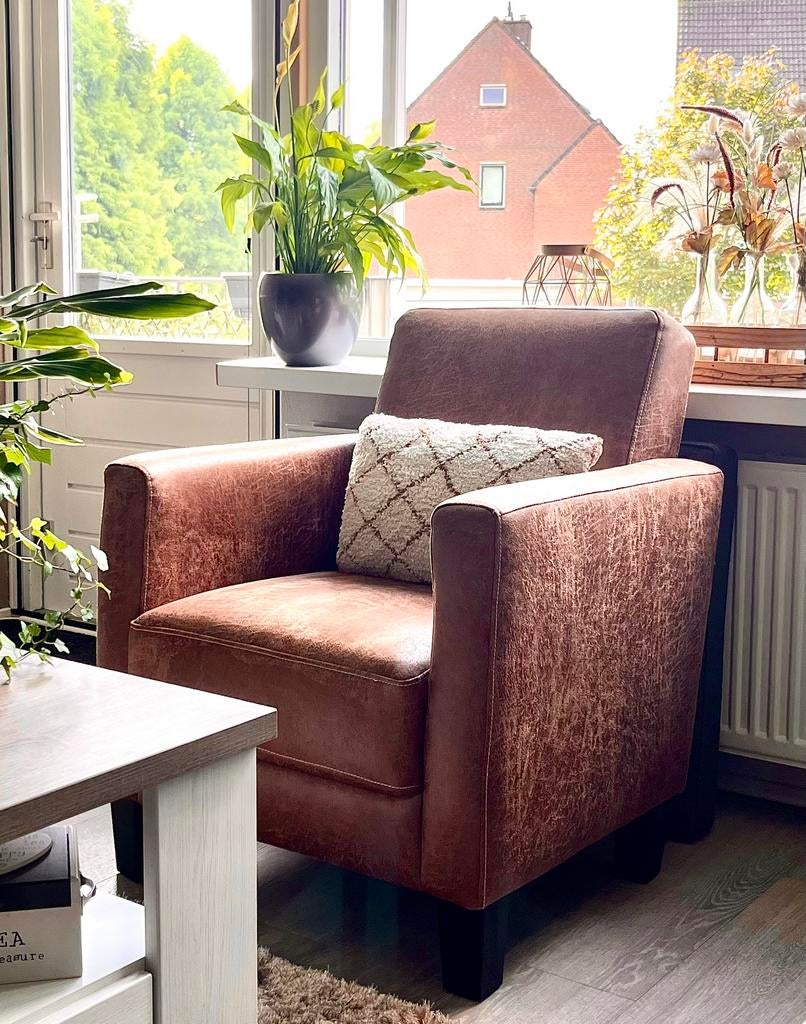 Stoere loungestoel fauteuil cognac als nieuw Microleder, Ophalen, Modern microleder, Minder dan 75 cm, Leer