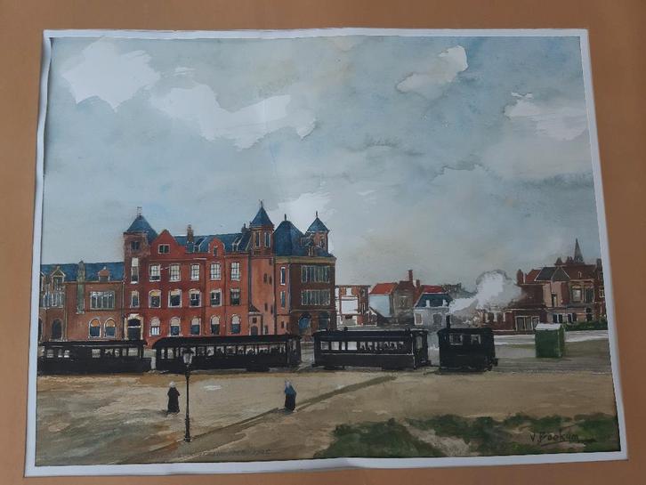 Aquarel, Van Wim Van Beekum, Scheveningen Duinstraat, stoomt, Antiek en Kunst, Kunst | Schilderijen | Klassiek, Ophalen