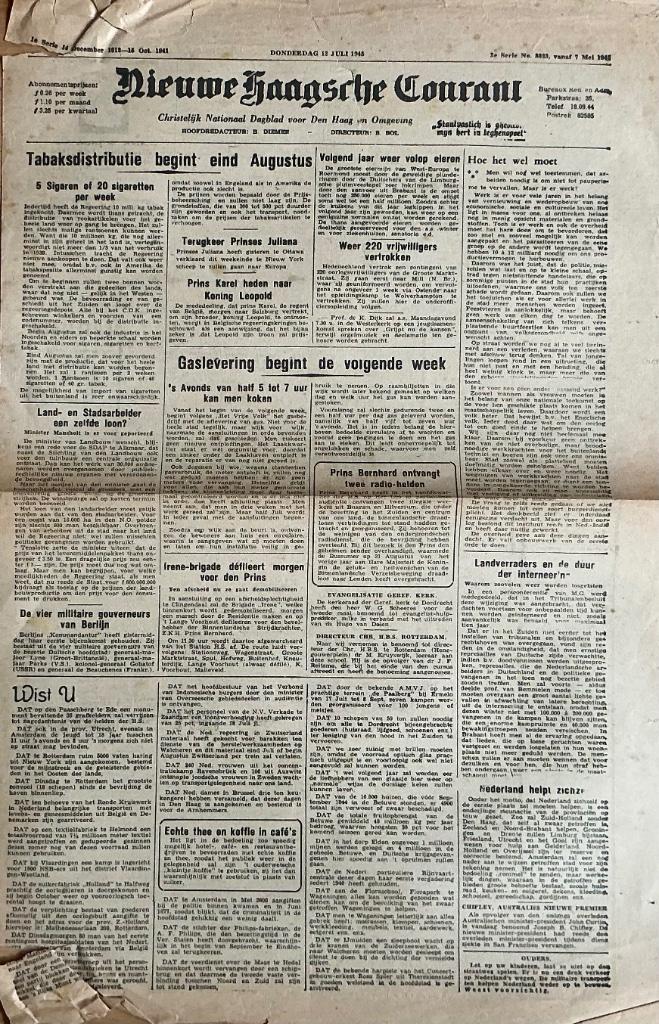 Nieuwe Haagsche Courant, 12 juli 1945 (ook nog andere data), Verzamelen, Tijdschriften, Kranten en Knipsels, Krant, Nederland