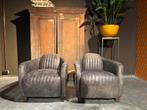 Zgan 2 Aviator fauteuils Grijs leer met Alluminium romp, Stoer Industrieel, 75 tot 100 cm, Ophalen of Verzenden, Zo goed als nieuw