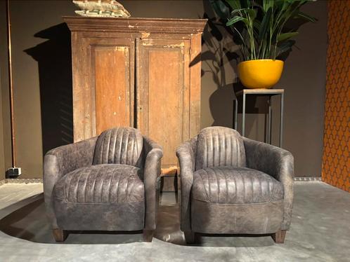 Zgan 2 Aviator fauteuils Grijs leer met Alluminium romp, Huis en Inrichting, Fauteuils, Zo goed als nieuw, Leer, Metaal, 75 tot 100 cm