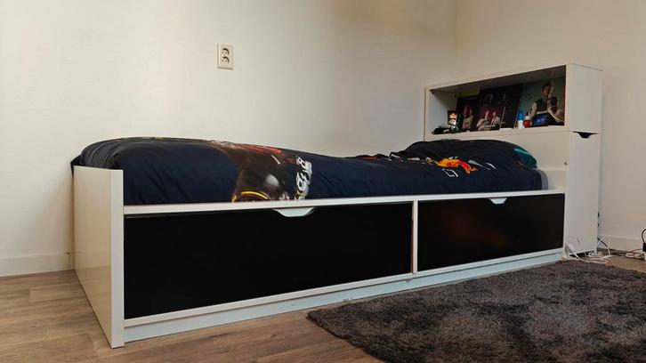 Ikea Flaxa Bedframe met lades / 2 stuks, Huis en Inrichting, Slaapkamer | Bedden, Gebruikt, Eenpersoons, 90 cm, 200 cm, Hout, Wit
