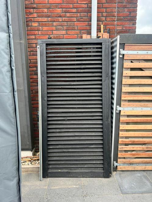 Moderne zwarte schuifpoort (lamellen) met railsysteem, Tuin en Terras, Tuinhekken en Hekwerk, Zo goed als nieuw, IJzer, Ophalen