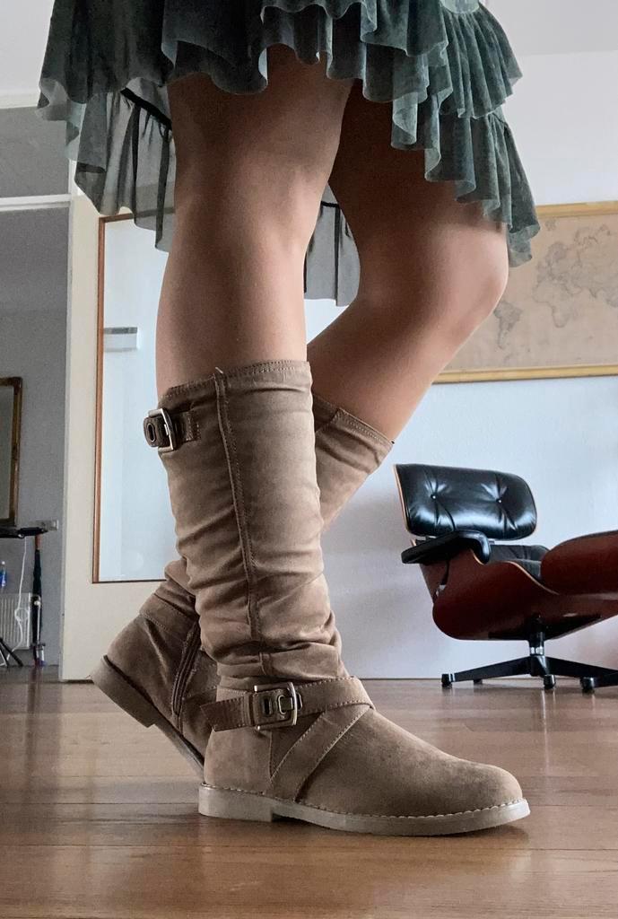 Beige Winter Boots with Faux Suede Side Zip and Soft Lining, Kleding | Dames, Schoenen, Gedragen, Hoge laarzen, Bruin, Verzenden