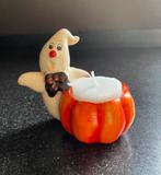 Halloween spookpompoen theelichthouder, wit met oranje, Overige materialen, Nieuw, Ophalen of Verzenden, Wit