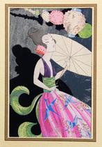 Art deco prent pochoir gekleurd Japanse dame met parasol, Ophalen of Verzenden