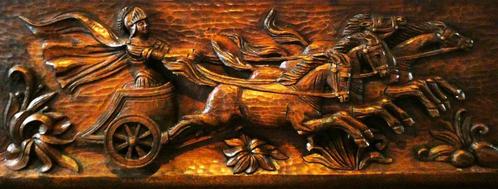 Houtgesneden paneel Romeinse strijdwagen paarden ridder, Antiek en Kunst, Kunst | Beelden en Houtsnijwerken, Ophalen of Verzenden