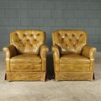 Vintage Chesterfield fauteuils – groen leder – jaren 70, Minder dan 75 cm, Vintage, Leer, Ophalen of Verzenden
