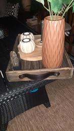 Donker hout dienblad ( decoratie blad) 40/30 met leren handv, Ophalen, Rechthoekig, Hout