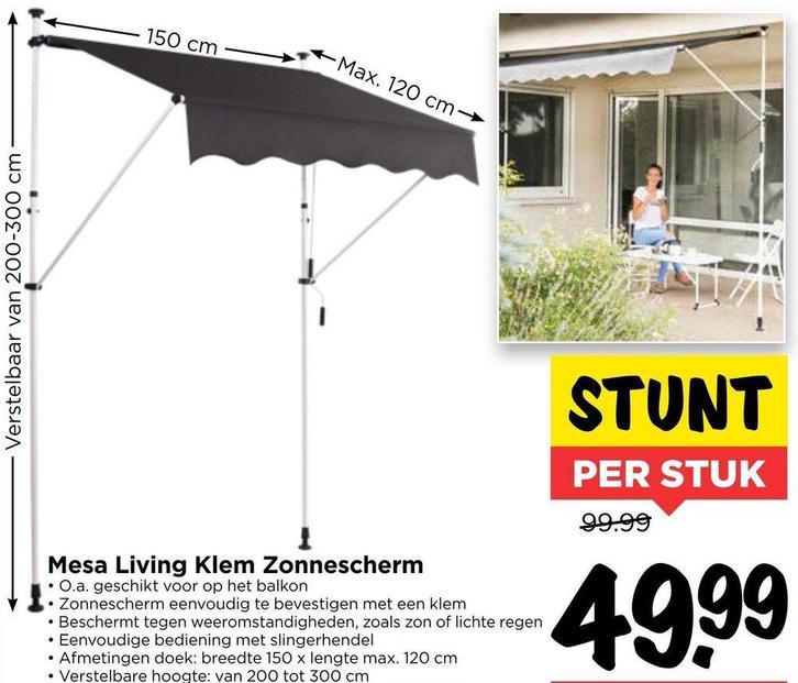 Mesa Living Klem Zonnescherm, Tuin en Terras, Zonneschermen, Nieuw, Knikarmscherm, 150 tot 300 cm, Minder dan 250 cm, Ophalen of Verzenden