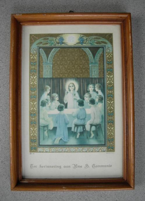 Schilderij met tekst: Ter herinnering aan Uwe H. Communie., Antiek en Kunst, Antiek | Religie, Ophalen of Verzenden