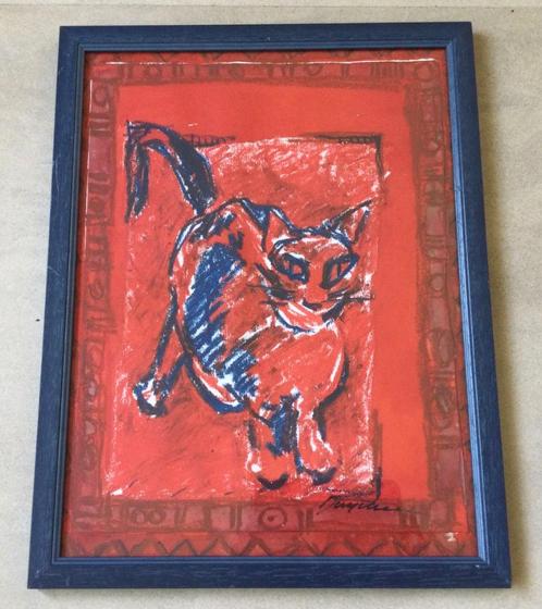 Poes in rood en blauw gemengde techniek Rika Deryckere(1962), Antiek en Kunst, Kunst | Schilderijen | Modern, Verzenden