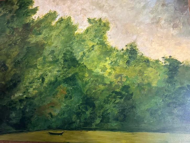 Groen schilderij: Bootje op rivier in bos (acrielverf), Antiek en Kunst, Kunst | Schilderijen | Klassiek, Ophalen of Verzenden