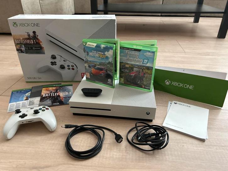 Xbox One S + Controller + Games + Adapter, Spelcomputers en Games, Spelcomputers | Xbox One, Gebruikt, Xbox One S, 500 GB, Met 1 controller