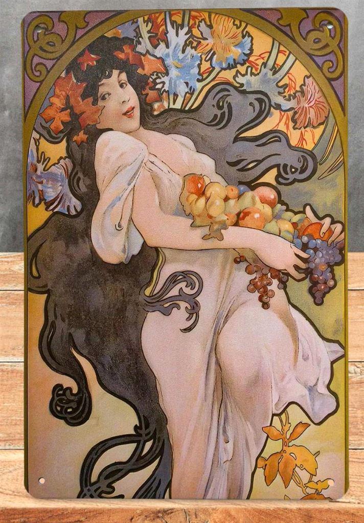 ALPHONSE MUCHA Herfst Jugendstil Metalen Bord poster, Antiek en Kunst, Kunst | Tekeningen en Foto's, Ophalen of Verzenden