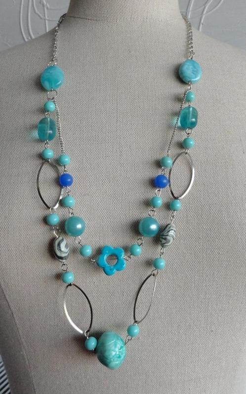 Statement handgemaakte zilver kleurig blauw ketting (2), Sieraden, Tassen en Uiterlijk, Kettingen, Nieuw, Zilver, Blauw, Met hanger