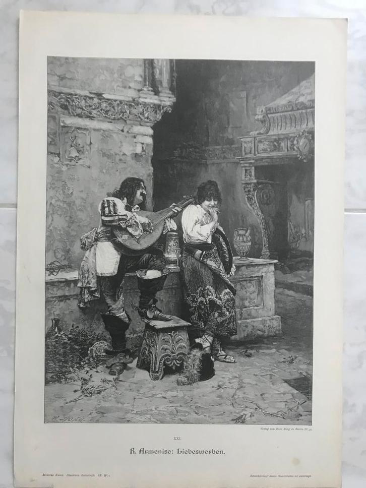 R. Armenise: Liebeswerben, afm. beeld 32 bij 23 cm., 1894., Antiek en Kunst, Kunst | Etsen en Gravures, Ophalen of Verzenden