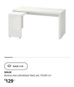 2x Ikea Malm bureau met uittrekbaar blad, wit, 151 X 65 cm, Ophalen of Verzenden, Zo goed als nieuw, Bureau