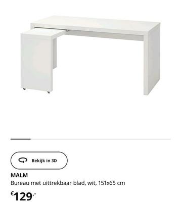 2x Ikea Malm bureau met uittrekbaar blad, wit, 151 X 65 cm beschikbaar voor biedingen