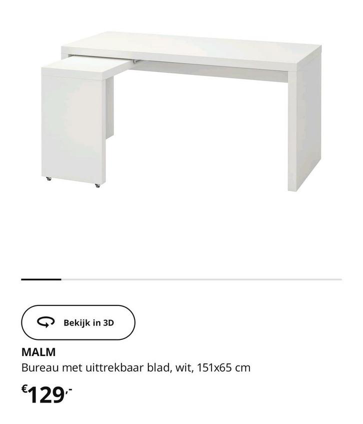 2x Ikea Malm bureau met uittrekbaar blad, wit, 151 X 65 cm, Huis en Inrichting, Bureaus, Zo goed als nieuw, Bureau, Ophalen of Verzenden