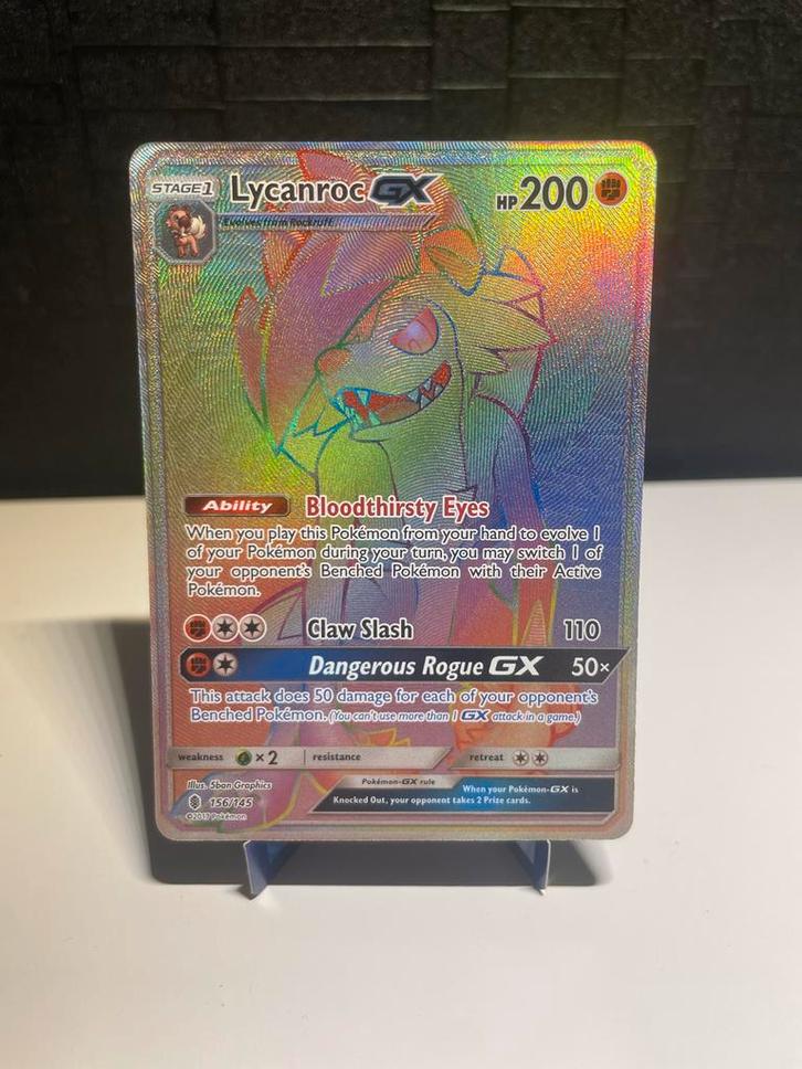 Lycanroc GX 156/145 Rainbow - Guardians Rising NM, Hobby en Vrije tijd, Verzamelkaartspellen | Pokémon, Nieuw, Losse kaart, Foil