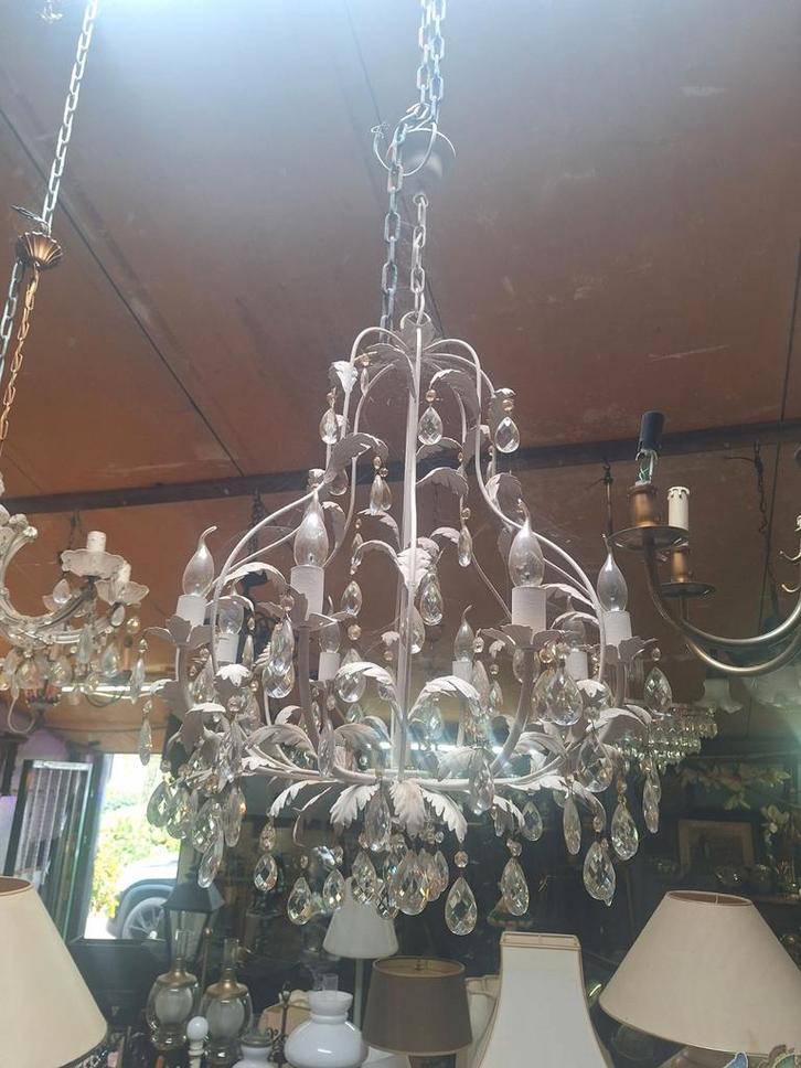 Vintage Luster met Kristallen, Huis en Inrichting, Lampen | Kroonluchters, Gebruikt, Glas, Metaal, Ophalen