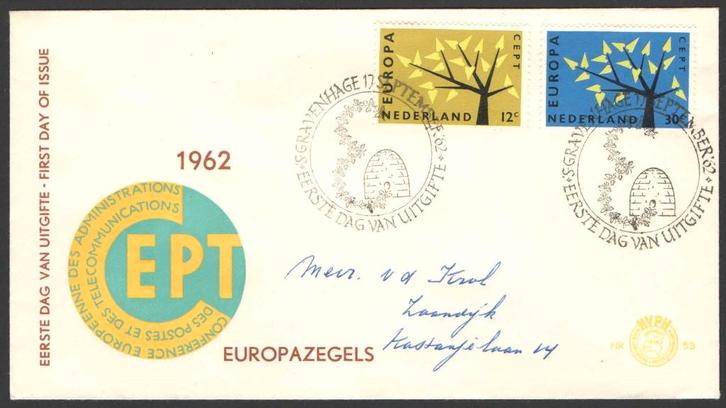 Nederland FDC E53 met adres, Europazegels 1962, Postzegels en Munten, Postzegels | Eerstedagenveloppen, Beschreven, Nederland