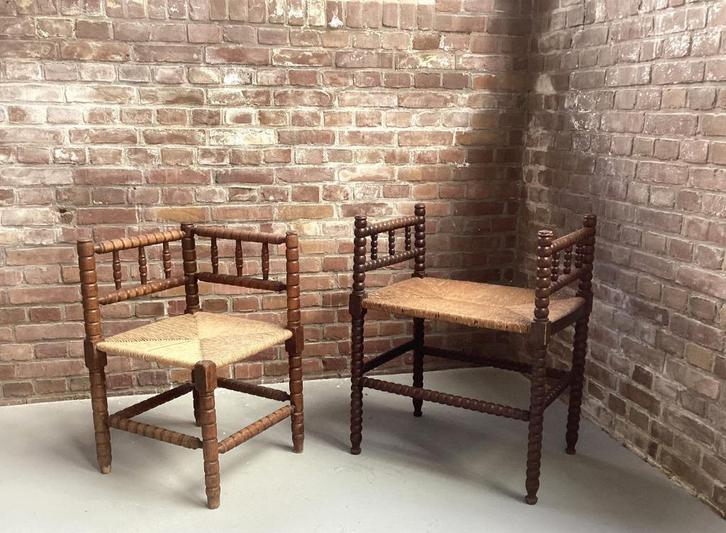 Set Bobbin stoelen / bankje en hoekstoel, Huis en Inrichting, Stoelen, Twee, Hout, Riet of Rotan, Ophalen