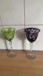 4 Antieke Gekleurde Geslepen Kristallen Glazen op Voet, Antiek en Kunst, Antiek | Glas en Kristal, Ophalen of Verzenden